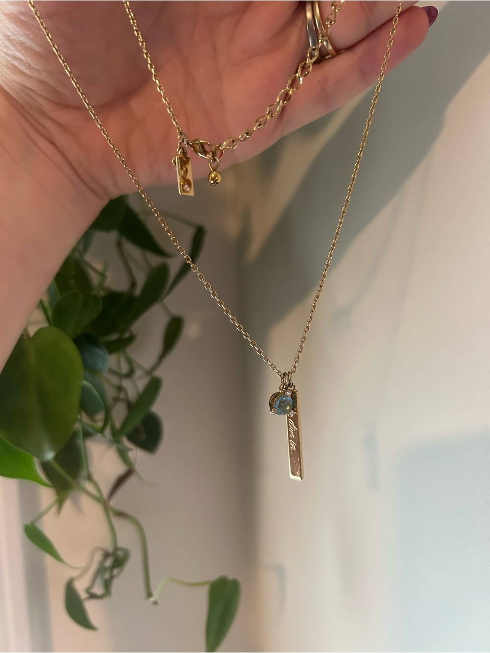Kate Spade Gold Bar Pendant Necklace with Blue Gem Accent